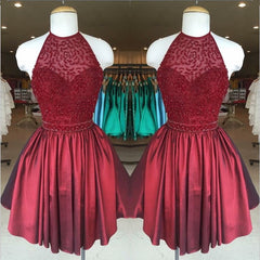 Chic Beaded Halter Short Satin Prom Homecoming Dresses