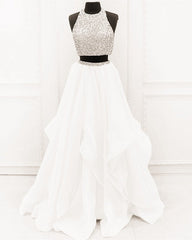 Chic Organza Ruffles Two Piece Prom Dresses With Sequins And Beads