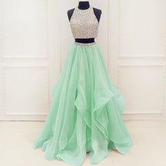 Chic Organza Ruffles Two Piece Prom Dresses With Sequins And Beads