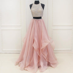 Chic Organza Ruffles Two Piece Prom Dresses With Sequins And Beads