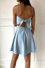 Chic A-line Spaghetti Straps Blue Homecoming Dress with Bowknot HD0143