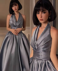 Chic V-Neck Halter Party Dress, Silver Grey Evening Ball Gown,AST1708