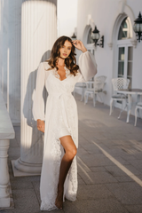 Chic V Neck Wedding Dress A-line Long Sleeves Prom Dress Lace Bridal Long Robe Party Dress