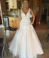 Custom Made A-Line V-Neck Lace Champagne Prom Dresses, Lace Tulle Formal Dresses, Evening Dresses