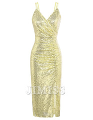 Sparkling sequin V-neck long dress for dinner bride's chic and elegant evening gown