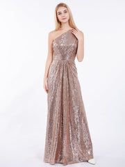 One Shoulder Long Sequins Gown Metallic Gold