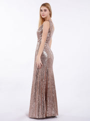 One Shoulder Long Sequins Gown Metallic Gold