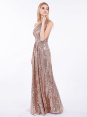 One Shoulder Long Sequins Gown Metallic Gold