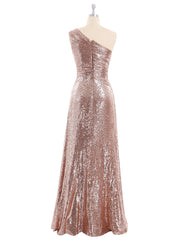 One Shoulder Long Sequins Gown Metallic Gold