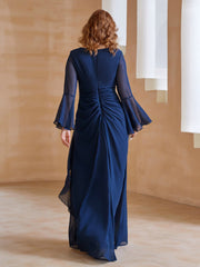V Neck Pleated Floor-Length Dress Dark Navy