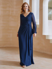 V Neck Pleated Floor-Length Dress Dark Navy
