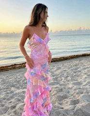 Spaghetti Straps Mermaid Pink Evening Dress Long Prom Dresses,AST921