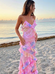 Spaghetti Straps Mermaid Pink Evening Dress Long Prom Dresses,AST921