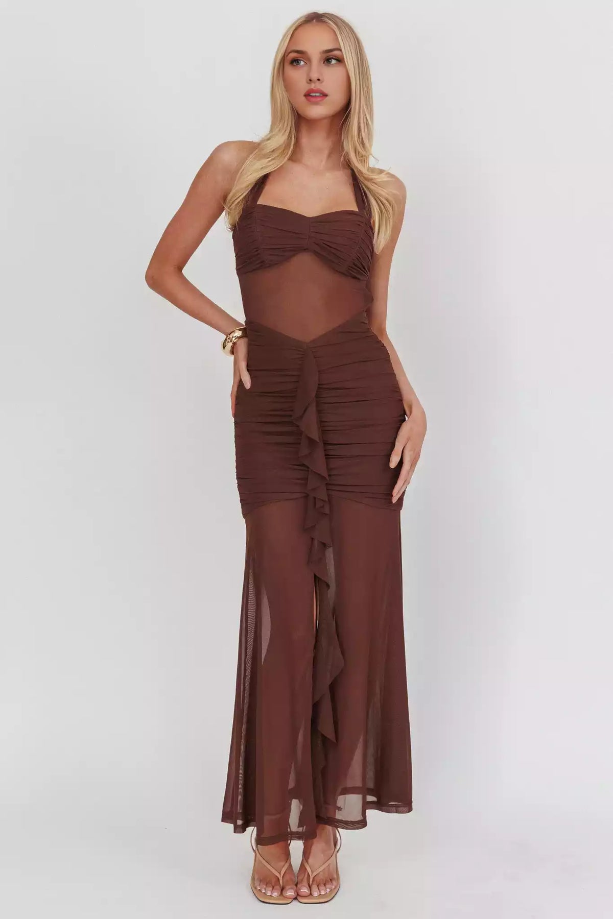 Classic partially lined backless pleated detail front split side zipper Prom Dresses
