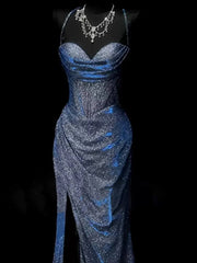 Classy Leg Split Prom Dresses Straps Mermaid Long Evening Party Gowns