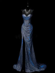 Classy Leg Split Prom Dresses Straps Mermaid Long Evening Party Gowns