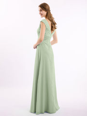 Cap Sleeves Chiffon and Lace Dress with V NECK Dusty Sage