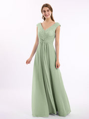 Cap Sleeves Chiffon and Lace Dress with V NECK Dusty Sage