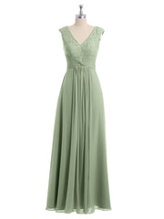 Cap Sleeves Chiffon and Lace Dress with V NECK Dusty Sage