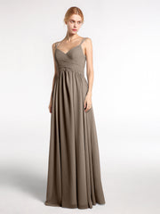 Chiffon Long Bridesmaid Dress with Double Strap Taupe