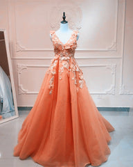 Tulle V Neck Evening Dresses Lace Flowers Embroidery