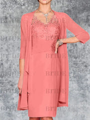 Two Piece Ruffle Chiffon Mother of the Bride Outfit Lace Short Wedding Guest Dress