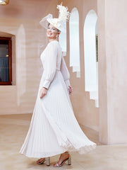 V-neck Long Sleeves Pleated Ruched Dress Ivory