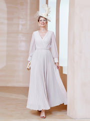 V-neck Long Sleeves Pleated Ruched Dress Ivory