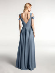 Cold Shoulder Empire Waist Max Dress with Slit Dusty Blue