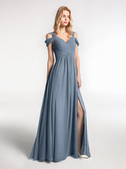Cold Shoulder Empire Waist Max Dress with Slit Dusty Blue