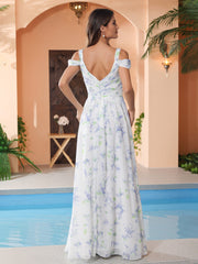 Lavender Floral Off the Shoulder Empire Waist Max Dress with Slit