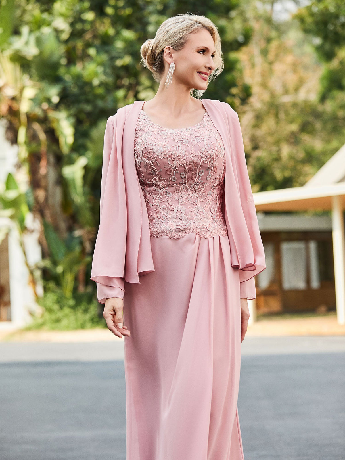Sleeveless Lace Appliqued Dress with Jacket Dusty Rose