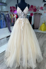 Cream Tulle Appliques Spaghetti Strap A-Line Long Prom Dress TP1255