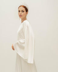 Cream White Floor Length Dress / Angle Long Sleeves Satin Wedding Gown