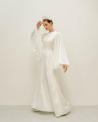 Cream White Floor Length Dress / Angle Long Sleeves Satin Wedding Gown