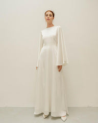 Cream White Floor Length Dress / Angle Long Sleeves Satin Wedding Gown