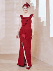 Flutter Sleeves Ruffle Sheath Dress With Slit Red