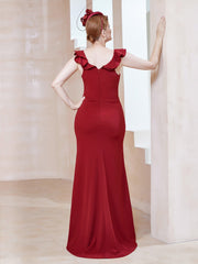 Flutter Sleeves Ruffle Sheath Dress With Slit Red