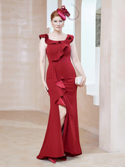 Flutter Sleeves Ruffle Sheath Dress With Slit Red