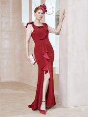 Flutter Sleeves Ruffle Sheath Dress With Slit Red