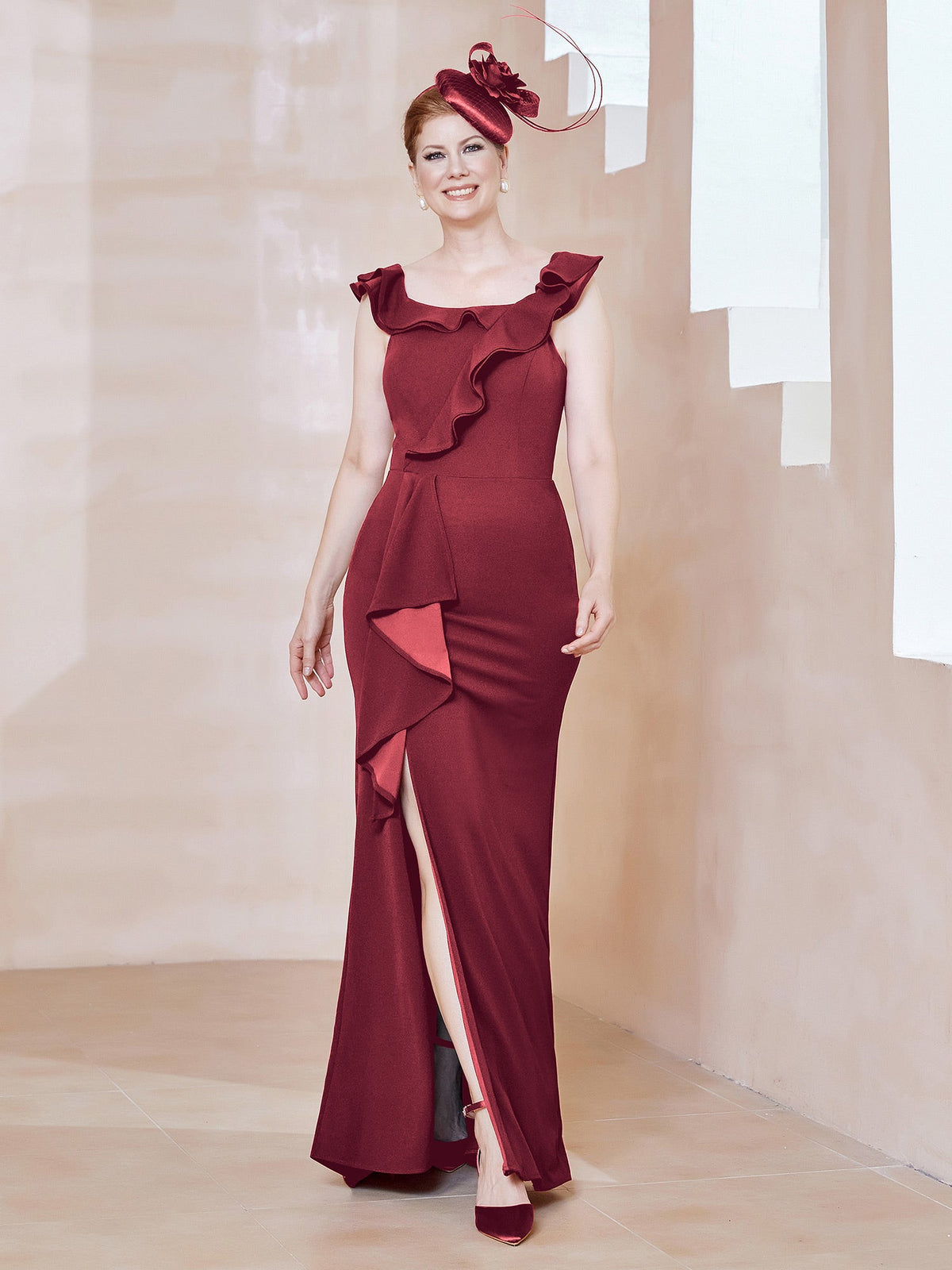 Flutter Sleeves Ruffle Sheath Dress With Slit Burgundy