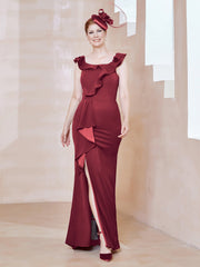 Flutter Sleeves Ruffle Sheath Dress With Slit Burgundy