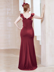 Flutter Sleeves Ruffle Sheath Dress With Slit Burgundy