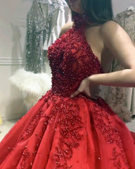 Crystal Beaded Halter Ball Gown Dresses Long Train