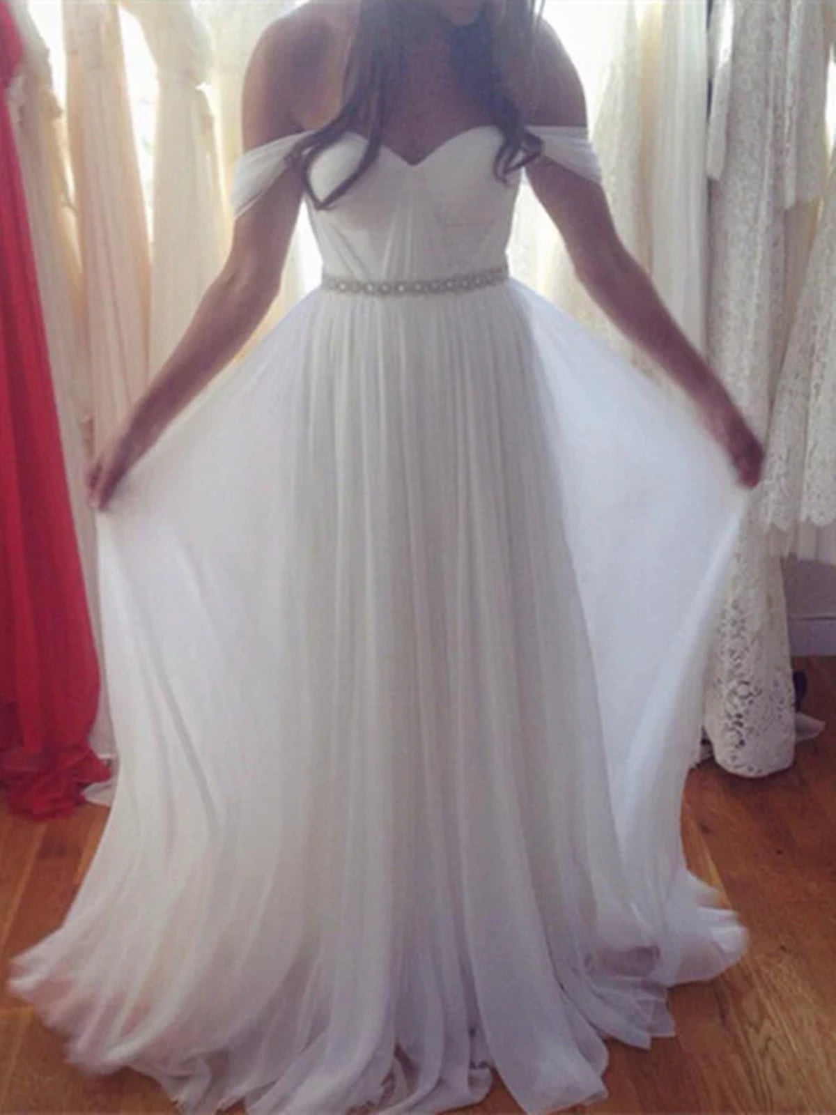 Custom Made Off Shoulder White Chiffon Prom Dress, White Bridesmaid Dress, Off Shoulder Formal Dress