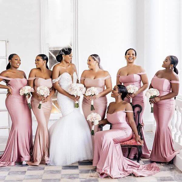 Custom Made Pink Bridesmaid Dresses Off Shoulder Long Mermaid Satin Party Dress