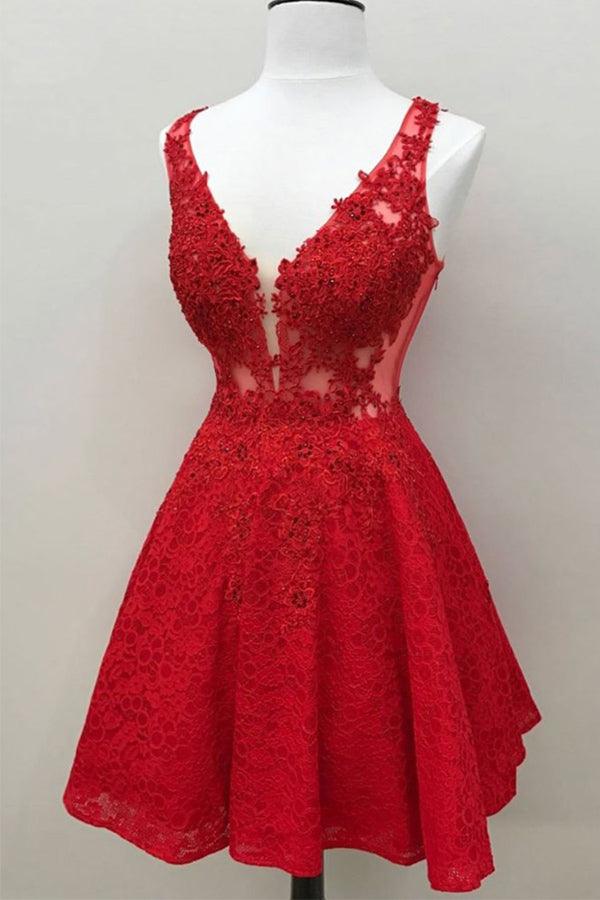 Custom Red Lace V Neck A Line Short Homecoming Dresses HD0099
