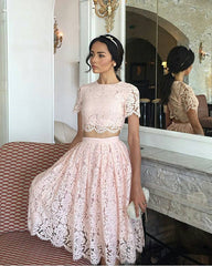 Cute Pink Lace Two Piece Prom Dress Short