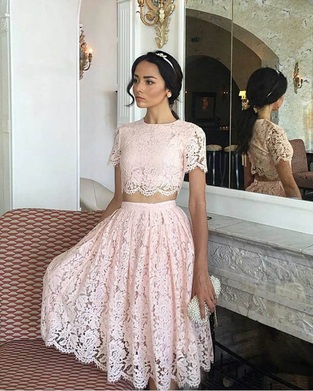 Cute Pink Lace Two Piece Prom Dress Short