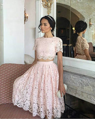 Cute Pink Lace Two Piece Prom Dress Short